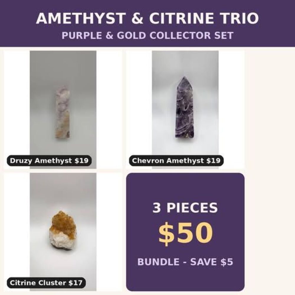 Amethyst and Citrine Crystal Trio | Druzy Amethyst Tower Chevron Amethyst Tower